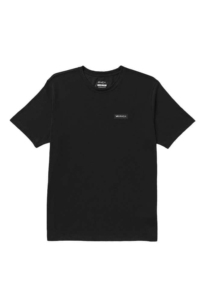 A black short-sleeve crewneck t-shirt with a small white embroidered logo on the left chest, displayed flat against a solid white background.