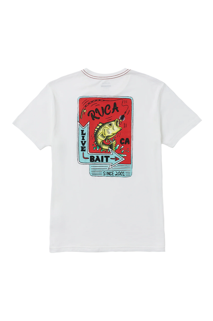 A white short-sleeve crewneck t-shirt featuring a large graphic print on the front. The graphic depicts a green and yellow bass fish on a red background with the text 'RVCA BAIT' and 'LIVE BAIT CA SINCE 2005'.#color_antique-white