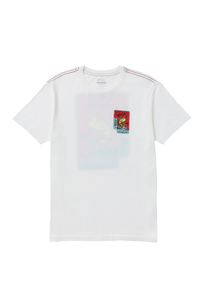 A white short-sleeve crewneck t-shirt with a small colorful graphic patch on the left chest and thin red stripes on the shoulders, displayed flat against a white background.#color_antique-white