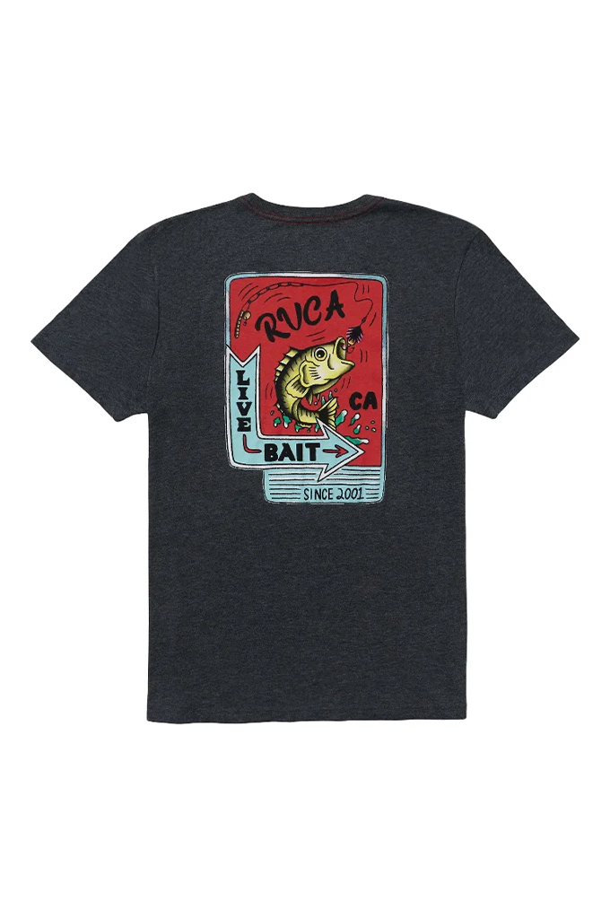 A dark heather gray short-sleeve t-shirt with a large graphic print on the front. The graphic features a vintage-style red and blue card design with a fishing lure illustration and the text 'Rvca Level Bait' and 'RVCA'.#color_black