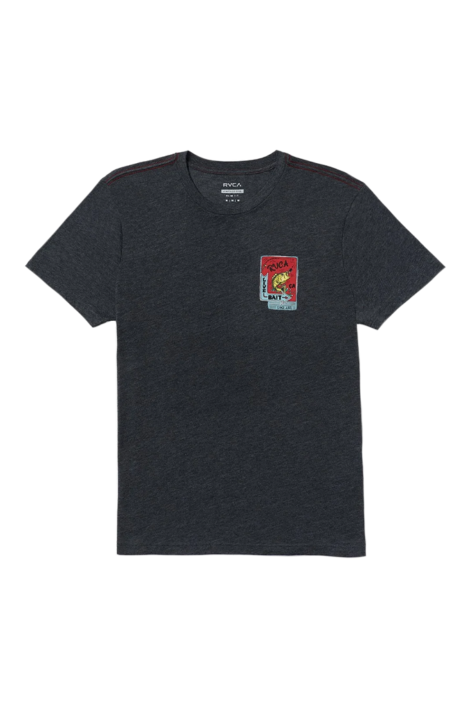 A dark heather gray t-shirt with a small colorful graphic patch on the left chest, displayed flat against a white background.#color_black