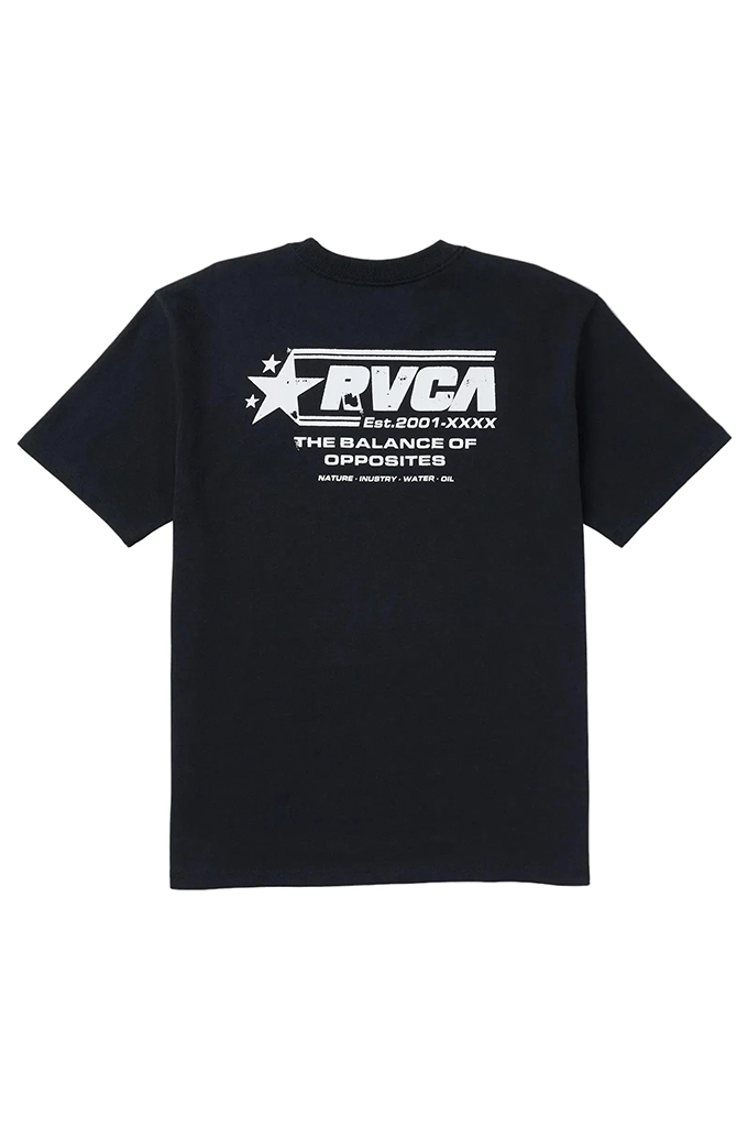 A black short-sleeve t-shirt with a white graphic print on the front featuring the text 'RVCA' and 'THE BALANCE OF OPPOSITES'.