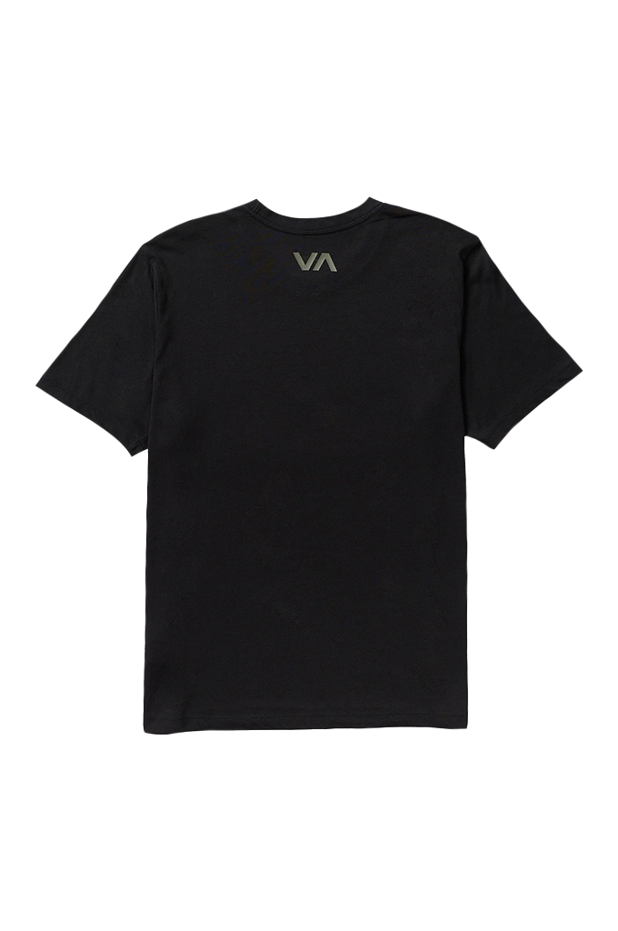 A black short-sleeve t-shirt shown from the back, featuring a small dark gray 'VA' logo centered below the collar, displayed on a solid white background.#color_black