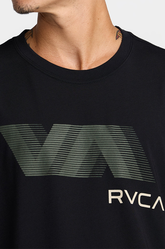 Close-up of a person wearing a black short-sleeve t-shirt with a large olive green striped graphic and the partial white RVCA logo on the chest.#color_black