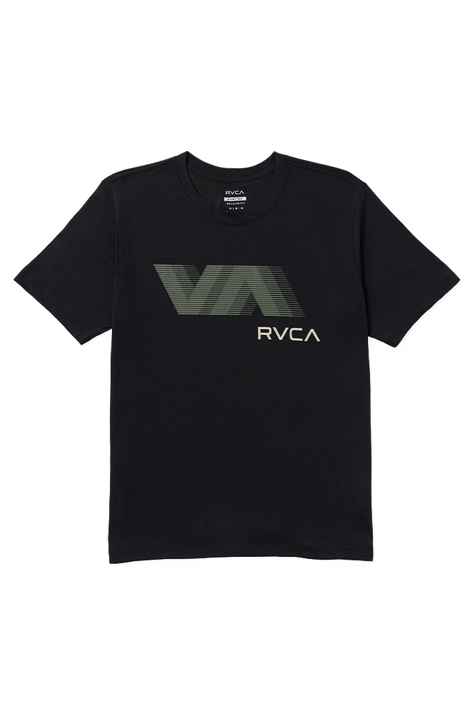 A black short-sleeve t-shirt with a large green and white RVCA logo on the chest, displayed flat against a white background.#color_black
