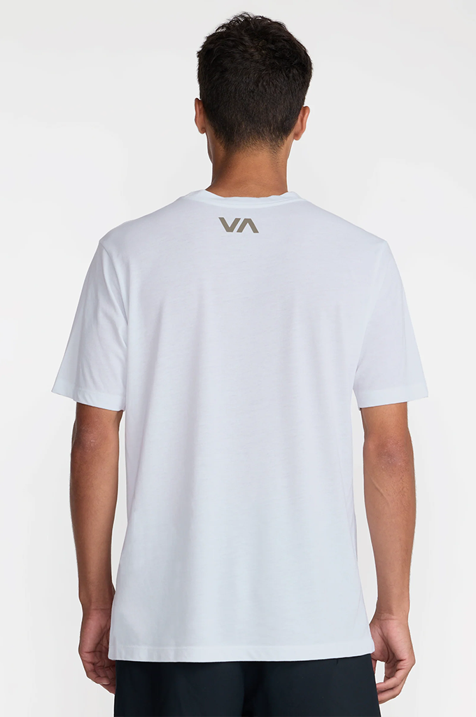 A man viewed from behind wearing a white short-sleeve t-shirt with a small gray 'VA' logo printed on the upper back, paired with black pants, against a plain white studio background.#color_white