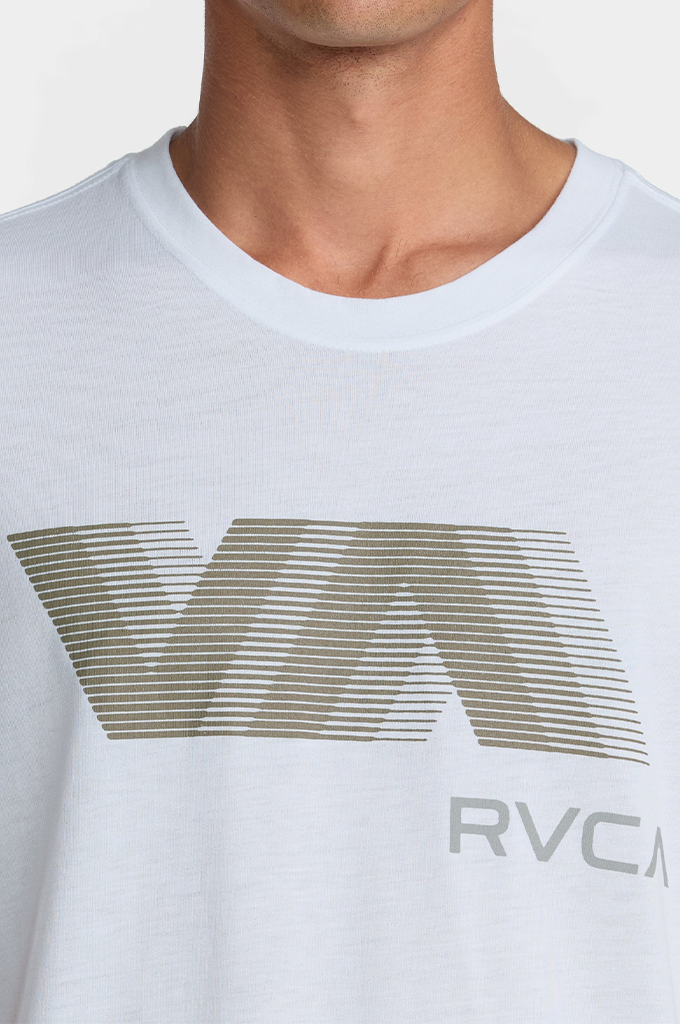 Close-up of a person wearing a white short-sleeve t-shirt with a large horizontal striped 'VA' logo and 'RVCA' text on the chest.#color_white