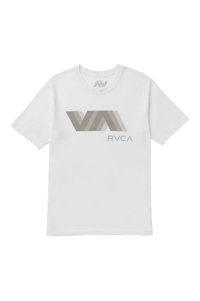 A white short-sleeve t-shirt with a gray and white striped 'VA' logo and 'RVCA' text printed on the chest, displayed on a clean white background.#color_white