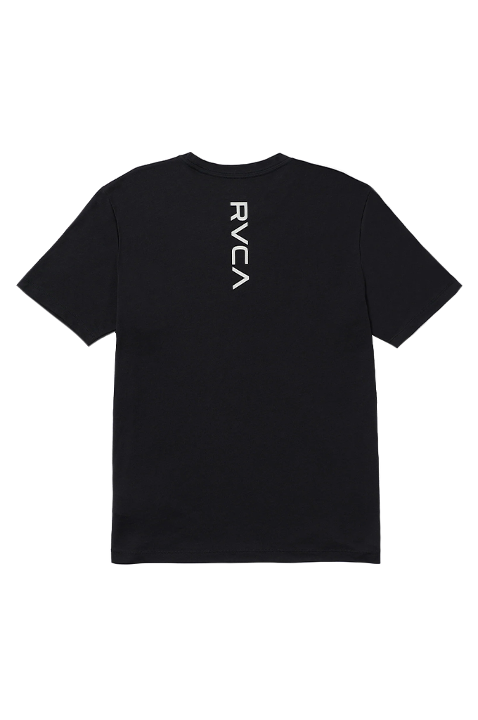 A black short-sleeve t-shirt shown from the back, featuring a vertical white 'RVCA' logo printed on the upper back, set against a plain white background.
