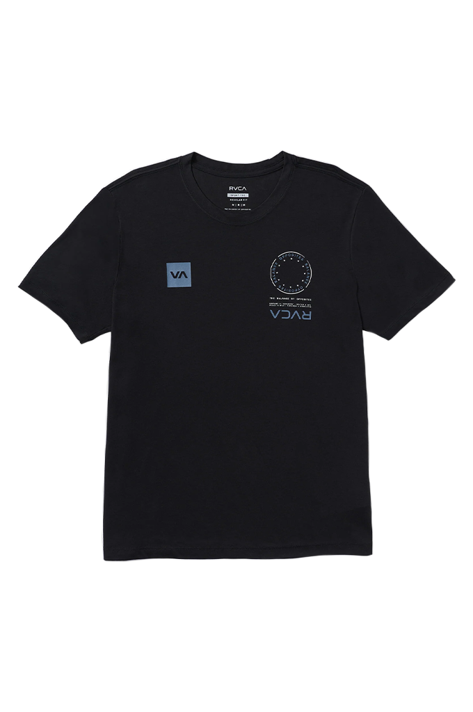 A black short-sleeve t-shirt with light blue graphics on the chest, including a square logo patch on the left chest and a circular logo on the right chest, displayed against a plain white background.