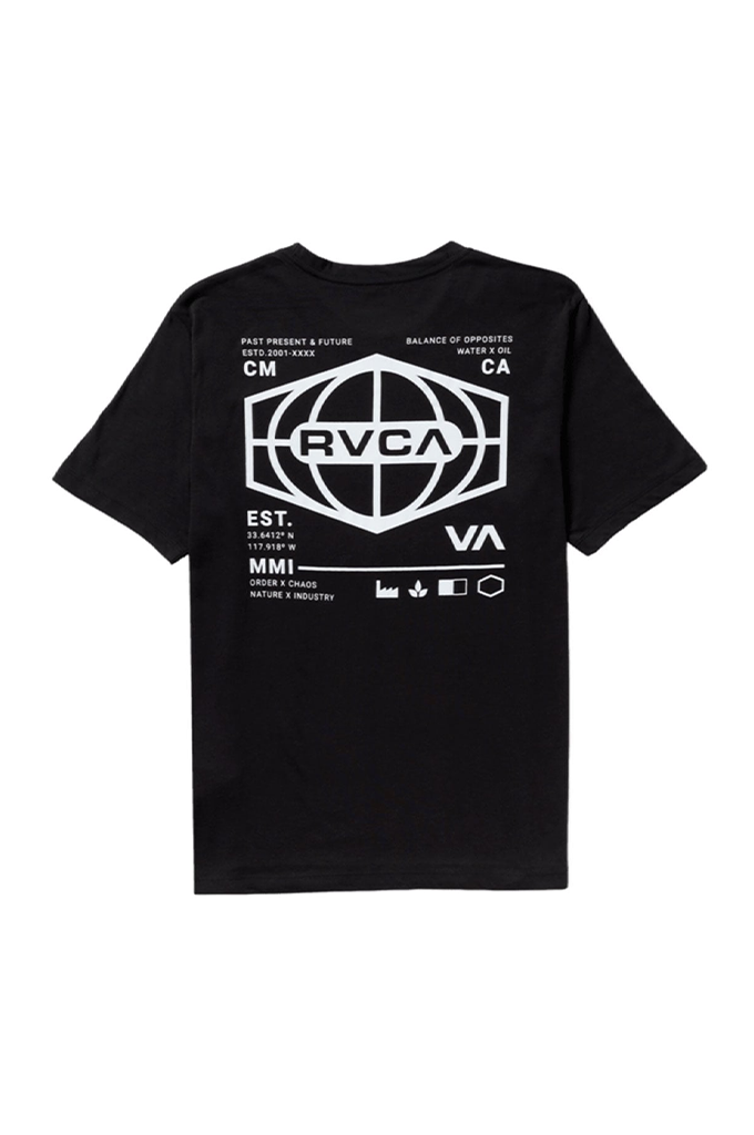 A black short-sleeve t-shirt with a large white graphic print on the back, featuring the brand name 'RVCA' inside a globe design with additional white text elements.