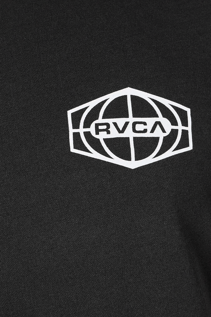 Close-up of a black fabric surface with a white geometric RVCA logo printed on the chest.