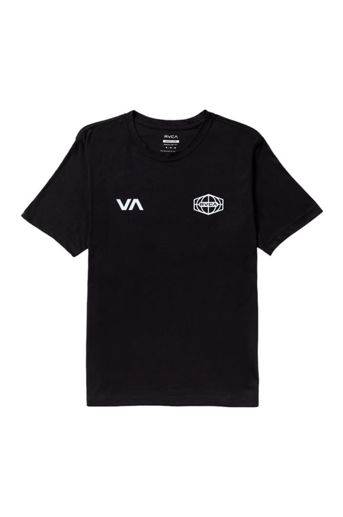 A black short-sleeve crewneck t-shirt with white printed graphics on the chest, displayed flat against a solid white background.