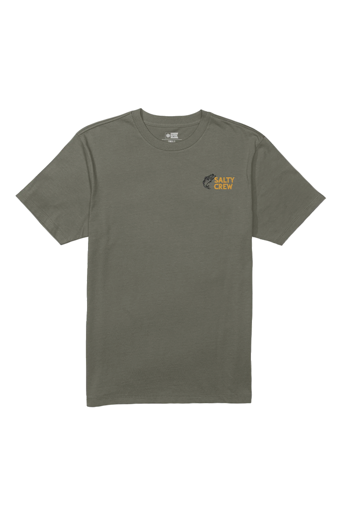 A dusty olive green crewneck t-shirt with a small 'SALTY CREW' logo printed on the left chest, displayed flat against a white background.