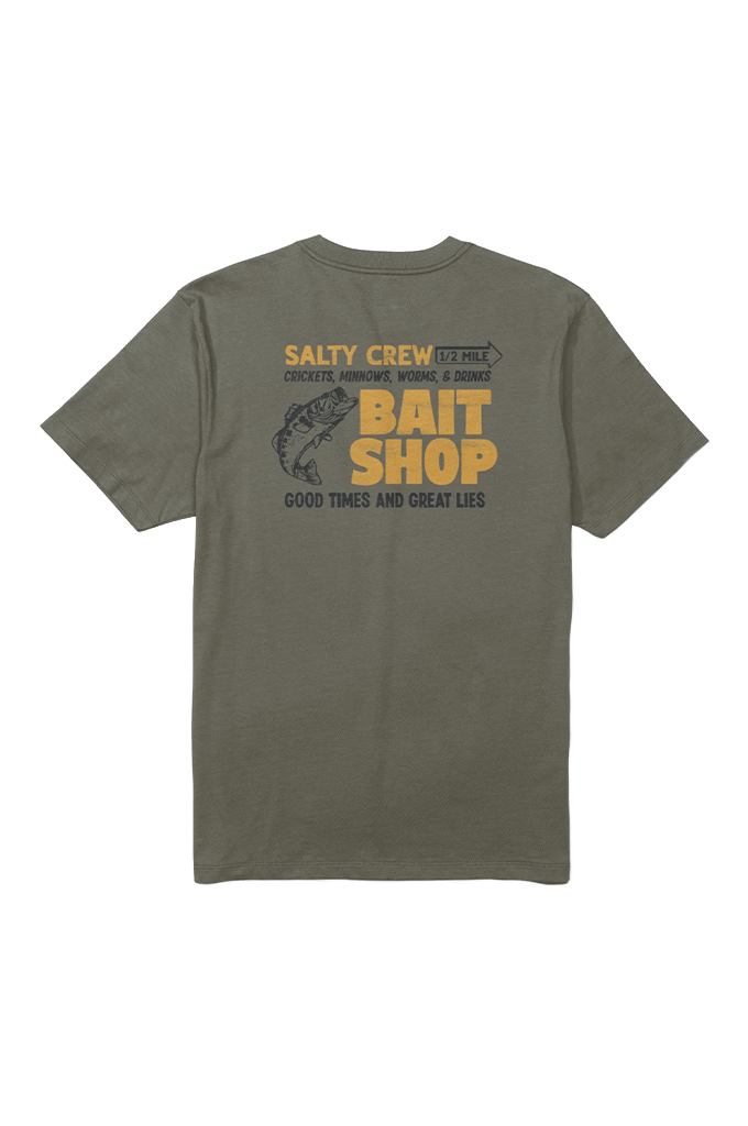 An olive green short-sleeve t-shirt with a graphic print on the back. The graphic features the text 'SALTY CREW BAIT SHOP' in yellow and dark gray, along with a dark gray fish illustration and the tagline 'GOOD TIMES AND GREAT LIES'.