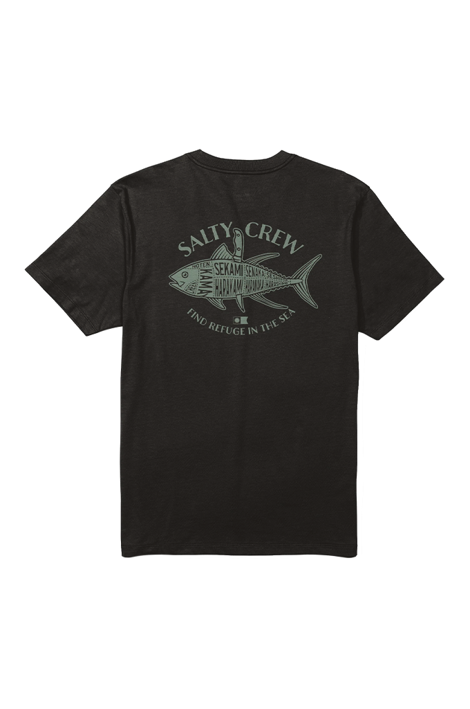 Black t-shirt with 'Salty Crew' fish logo on a white background