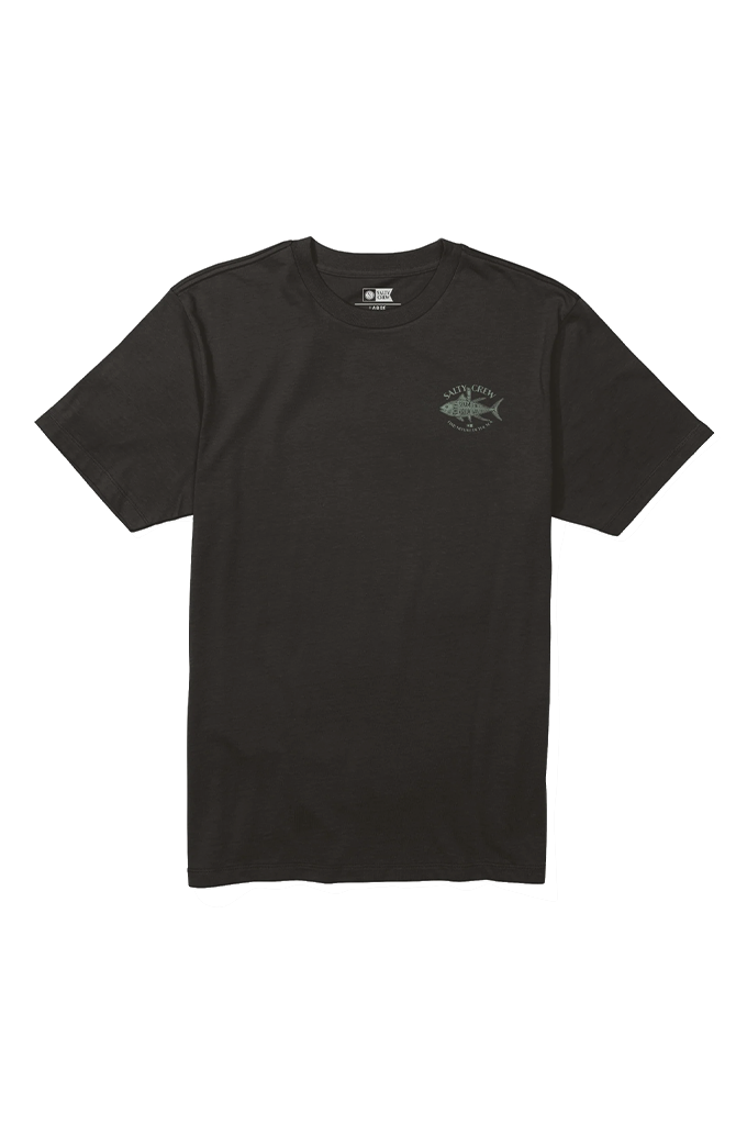Black t-shirt with 'Salty Crew' fish logo on the left chest on a white background