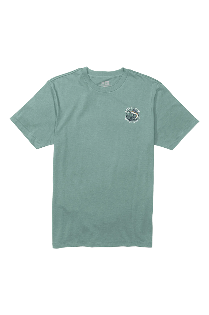A sage green short-sleeve t-shirt shown from the front, featuring a circular graphic print with a fish, waves, and the text 'SALTY CREW' and 'FIND REFUGE IN THE SEA' on the left chest. 