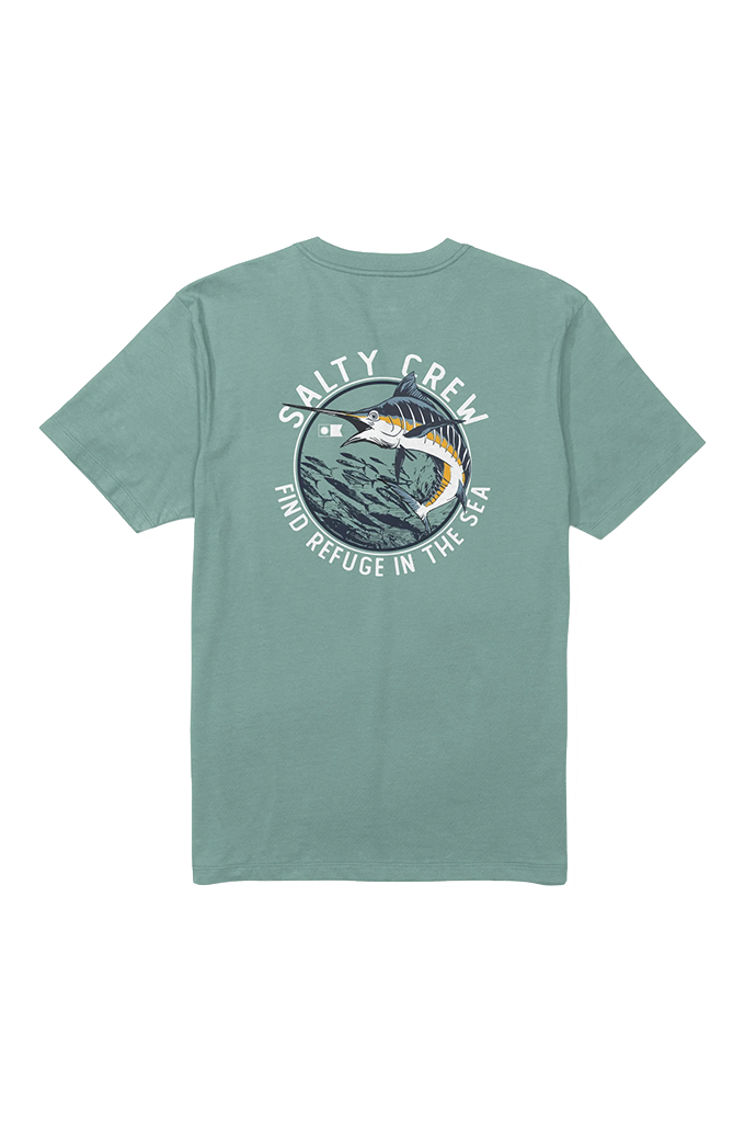 A sage green short-sleeve t-shirt shown from the back, featuring a circular graphic print with a fish, waves, and the text 'SALTY CREW' and 'FIND REFUGE IN THE SEA'.