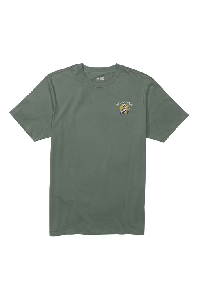 An olive green short-sleeve t-shirt with a graphic print on the front featuring a bird and the text 'SALTY CREW'.