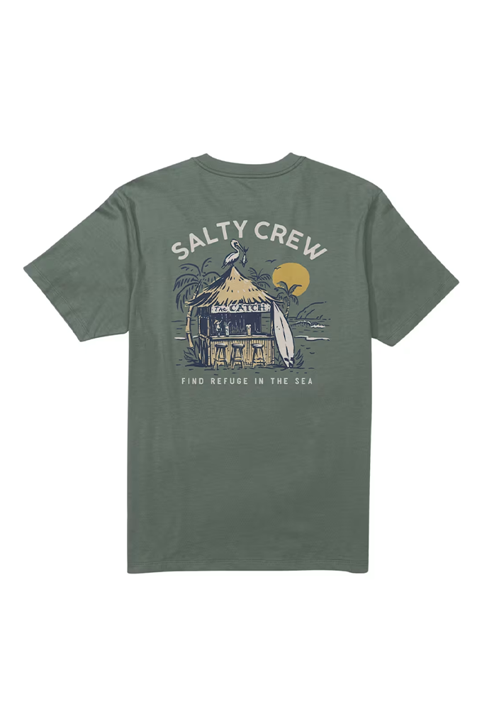 An olive green short-sleeve t-shirt with a graphic print on the front featuring a beach shack, a surfboard, and the text 'SALTY CREW' and 'FIND REFUGE IN THE SEA'.