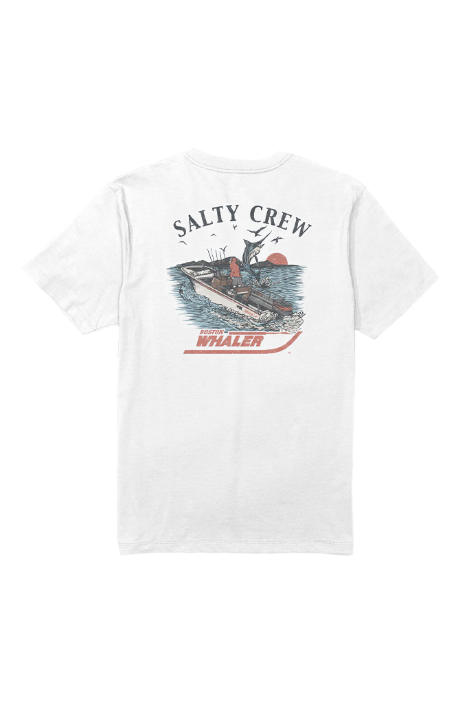 A white short-sleeve t-shirt shown from the back, featuring a large graphic print of a fishing boat with the text 'SALTY CREW' and 'WHALER'.
