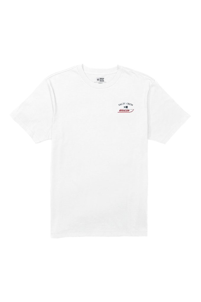A white short-sleeve crewneck t-shirt with a small logo printed on the left chest, displayed flat against a solid white background.