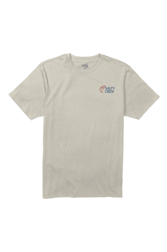 A light beige crewneck t-shirt with a small 'SALTY CREW' logo printed on the left chest, displayed flat against a white background.