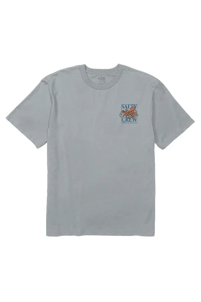 Gray Salty Crew t-shirt with octopus graphic, ideal for skateboarding and surfing styles.