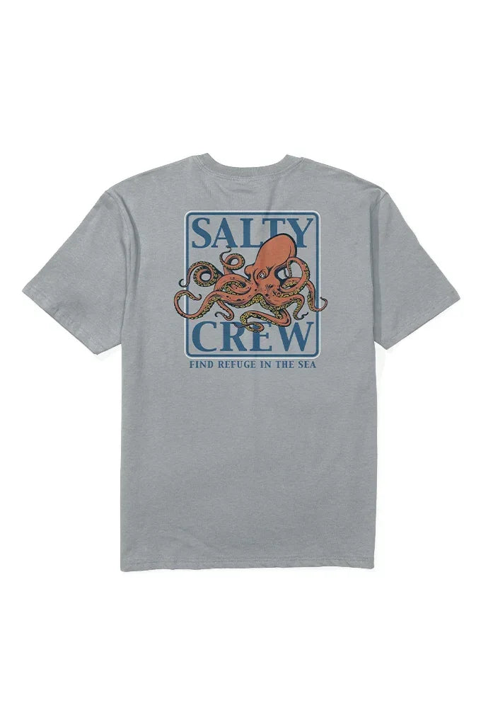 Gray Salty Crew t-shirt with octopus graphic, 'Find Refuge in the Sea' text, surf and skate style apparel