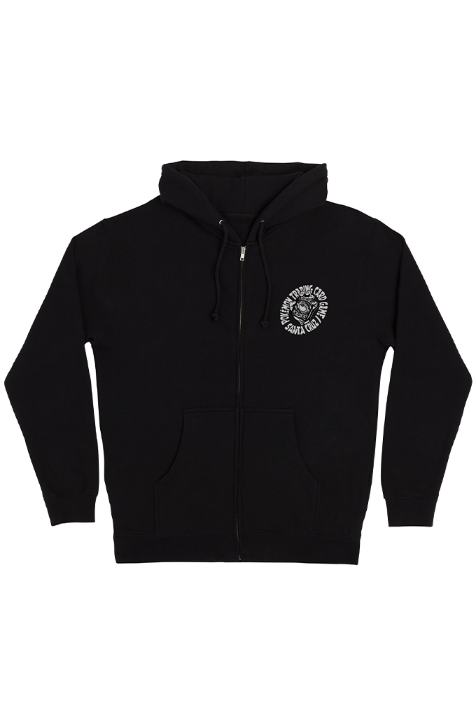 Black Santa Cruz x Pokémon Trading Card Game collaboration zip-up men's hoodie with white circular chest graphic against a clean white background. #color_black
