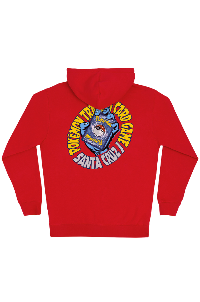 The back of a red Santa Cruz x Pokémon collaboration adult hoodie featuring a circular graphic with a blue Screaming Hand holding a Pokémon Trading Card Game card. #color_red