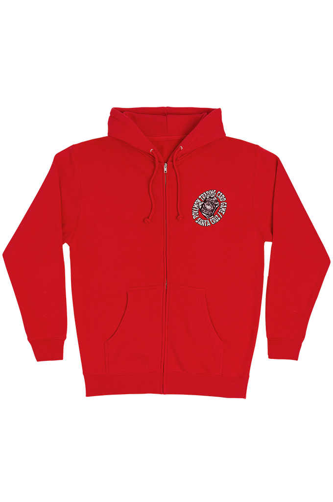 Red Santa Cruz x Pokémon Trading Card Game collaboration zip-up adult men's hoodie with white circular chest graphic against a clean white background. #color_red