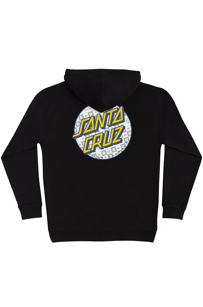 Back view of a black Santa Cruz Skateboards graphic hoodie. The center features a large circular "Jackpot Dot" logo with bold yellow and blue "Santa Cruz" text overlapping a checkered pattern filled with slot machine symbols.