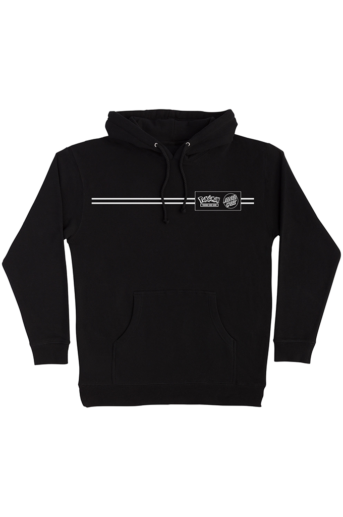 Front view of a black Santa Cruz x Pokémon collaboration heavyweight pullover hoodie. The minimalist design features two thin white horizontal racing stripes across the chest, anchored on the left side by a rectangular graphic combining the classic Pokémon logo and the circular Santa Cruz Skateboards branding.