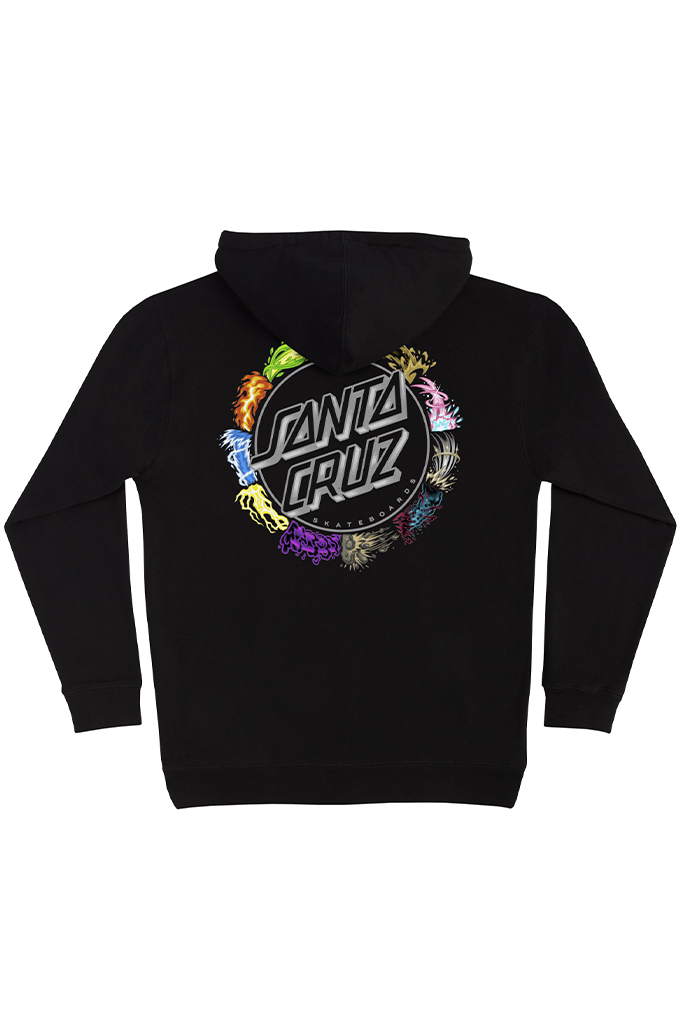 Black Santa Cruz Skateboards Pokémon pullover hoodie featuring a large circular speed-wheel logo graphic with colorful monster hands on the back. #color_black