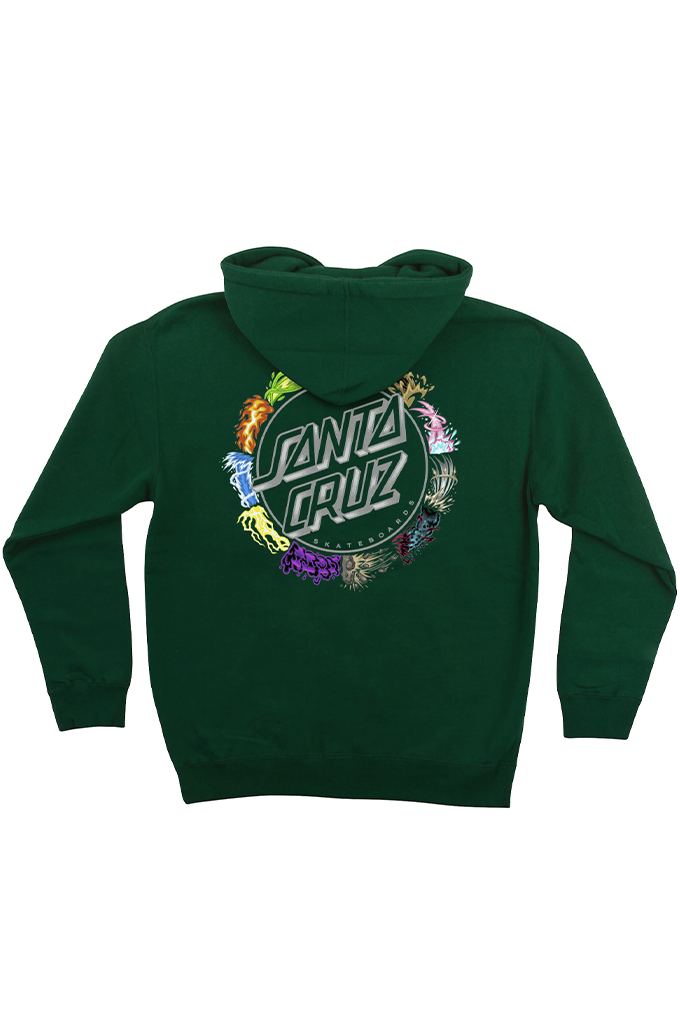 Forest green Santa Cruz Skateboards Pokémon pullover hoodie featuring a large circular speed-wheel logo graphic with colorful monster hands on the back. #color_forest