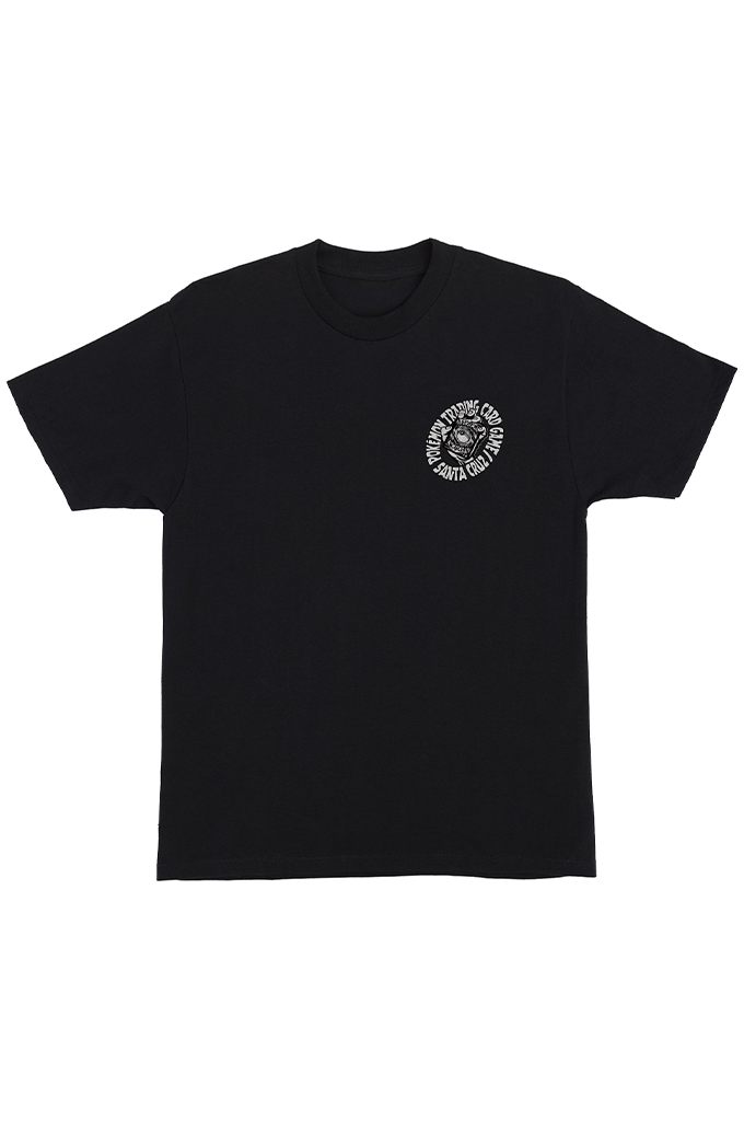 Black Santa Cruz Skateboards x Pokémon Trading Card Game collaboration t-shirt featuring a small circular chest graphic. #color_black