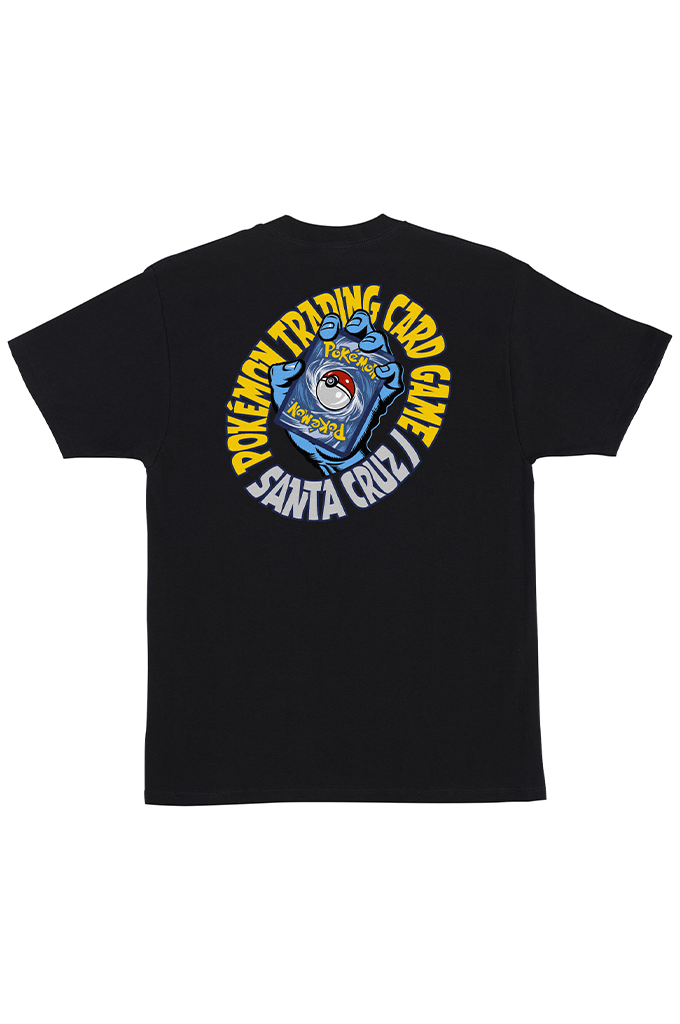 A black t-shirt featuring the Santa Cruz x Pokémon Trading Card Game collaboration logo on the back, displaying a blue hand holding a classic Pokémon card surrounded by yellow text. #color_black