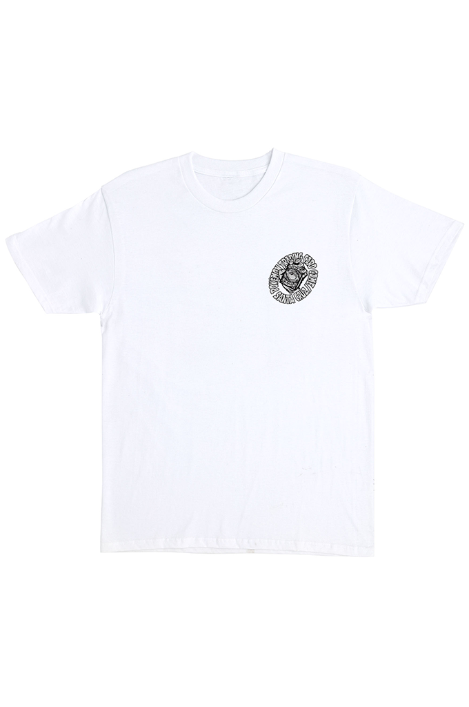 White Santa Cruz Skateboards x Pokémon Trading Card Game collaboration t-shirt featuring a small circular chest graphic. #color_white