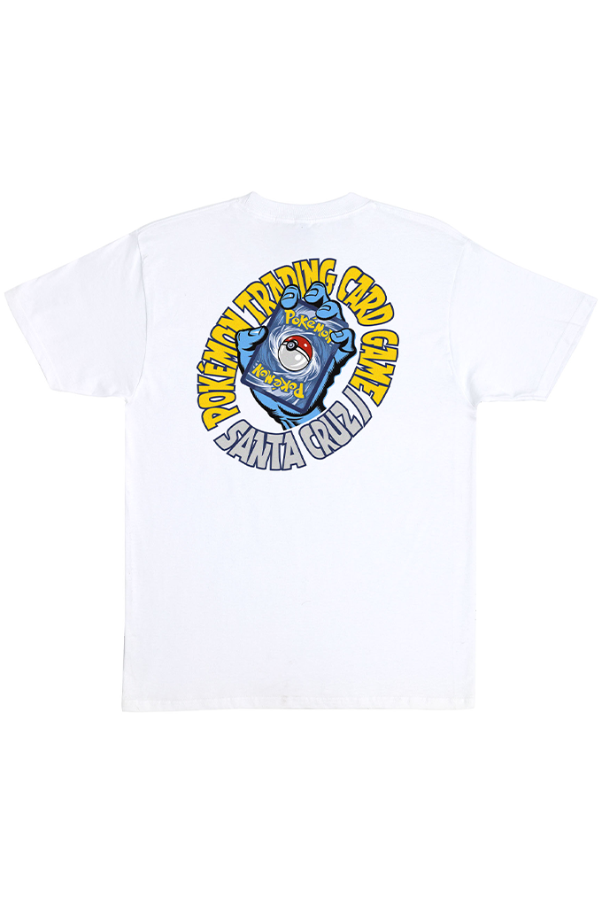 A white t-shirt featuring the Santa Cruz x Pokémon Trading Card Game collaboration logo on the back, displaying a blue hand holding a classic Pokémon card surrounded by yellow text. #color_white
