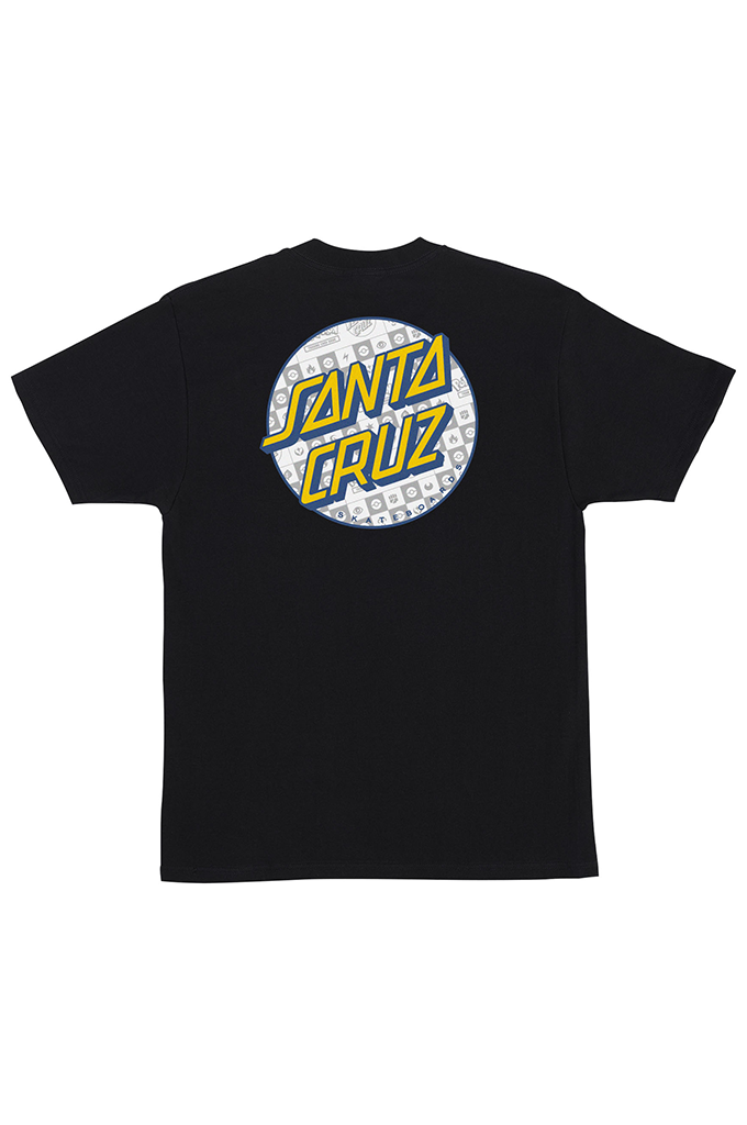 The back of a black Santa Cruz short-sleeve t-shirt featuring a large circular graphic on the center. The graphic features a white and gray patterned background with the 'Santa Cruz' brand name written across it in bold, stylized yellow letters with blue outlines. #color_black