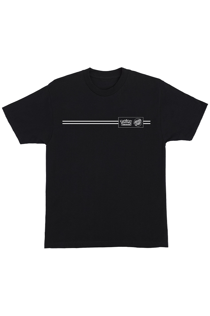 A black short-sleeve crewneck t-shirt from the Santa Cruz x Pokémon collaboration, featuring a white double-stripe pattern horizontally across the chest with a rectangular co-branded logo badge on the left side.
#color_black