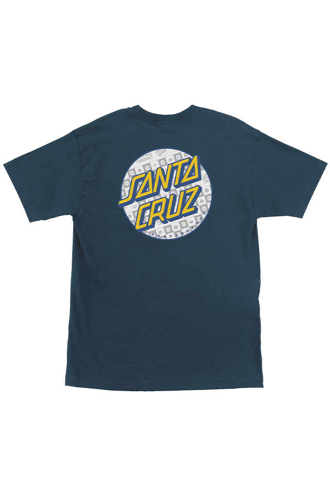 A dark teal Santa Cruz t-shirt with a large circular graphic on the chest featuring the brand's signature yellow and white logo. #color_harbor-blue