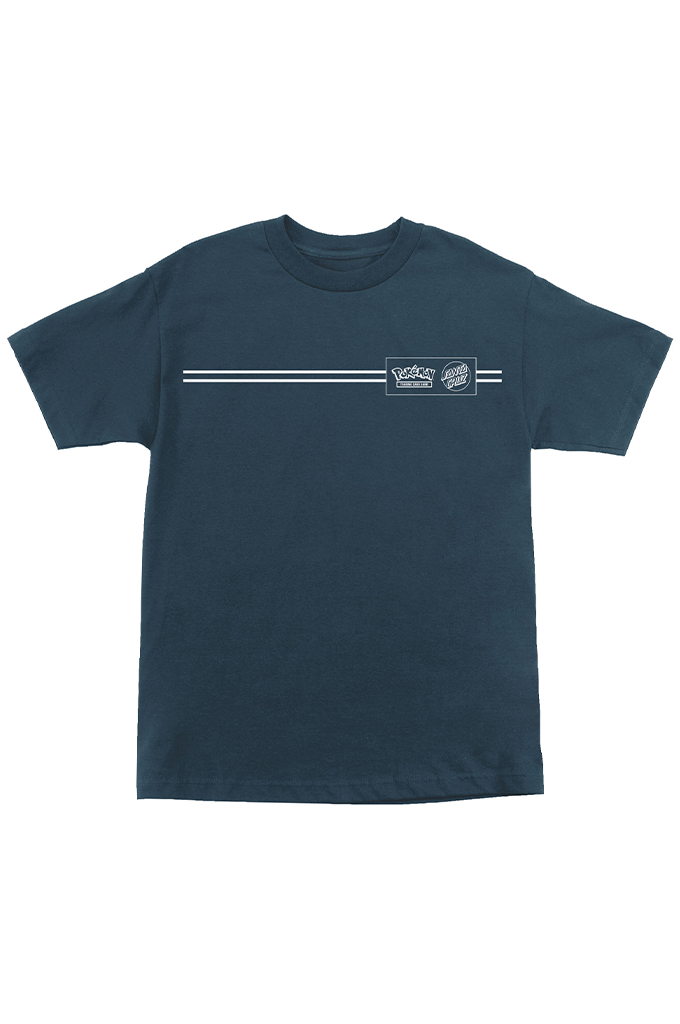 Santa Cruz x Pokémon Energy Dot short-sleeve crewneck t-shirt in harbor blue, featuring a white double chest stripe and blue elemental energy logo. #color_harbor-blue