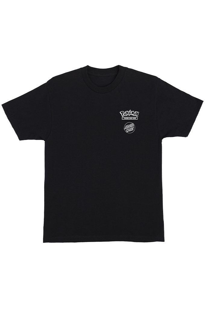 Front view of Santa Cruz x Pokémon collaboration black t-shirt featuring the Pokémon logo and a circular Santa Cruz logo printed on the left chest. #color_black