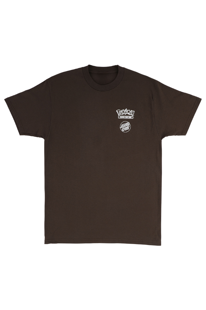 Front view of Santa Cruz x Pokémon collaboration java brown t-shirt featuring the Pokémon logo and a circular Santa Cruz logo printed on the left chest.
#color_java