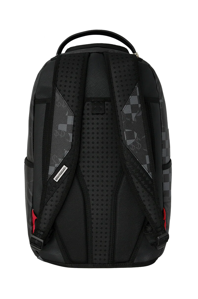 Black backpack with gray checkerboard pattern panels on the sides and red accent details near the bottom corners, shown from the back on a white background.