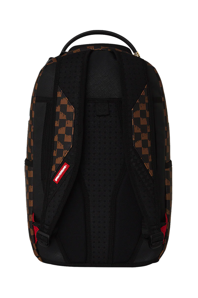 A black backpack with brown checkerboard patterned side panels and straps, featuring a red rectangular brand tag on the left side, shown against a plain white background.