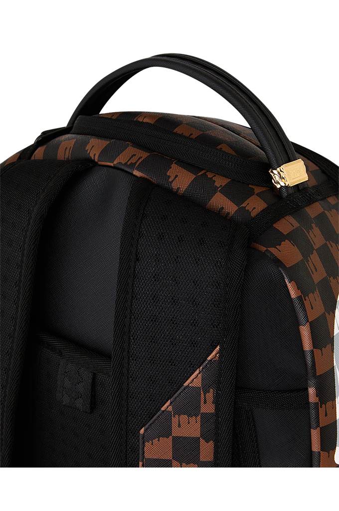 Close-up of the back of a backpack with black mesh padding, black handle, and brown and black checkered pattern on the sides and lower front pocket, against a white background.